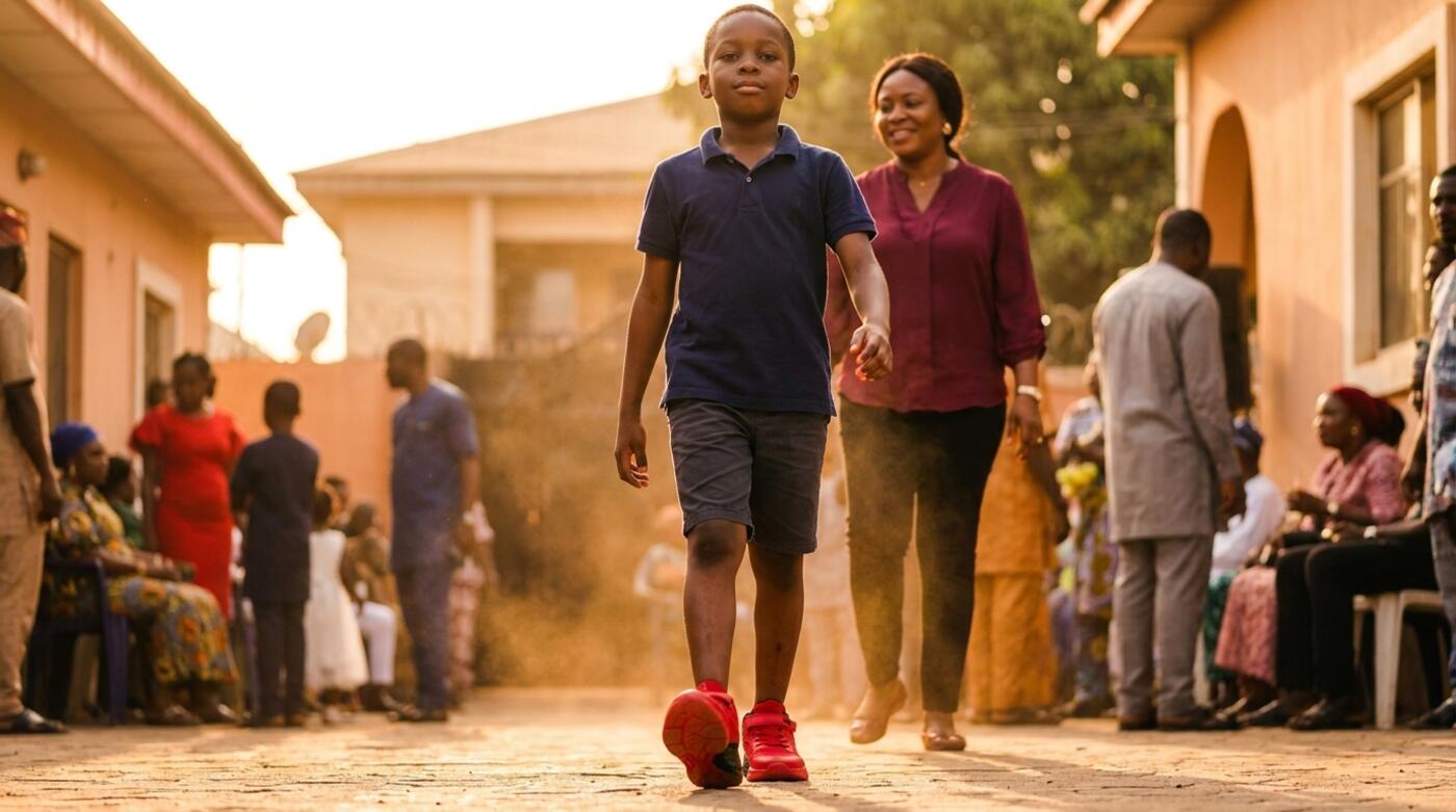 Boy walking confidently in Lastwell sneakers at golden hour