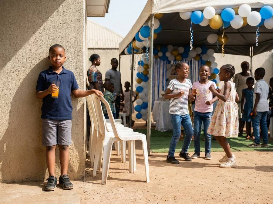 Boy standing alone at birthday party, watching other children play