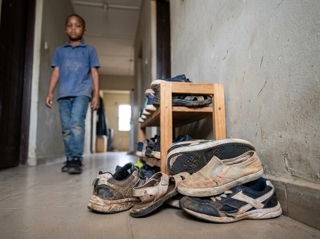 Worn-out children's shoes in a hallway